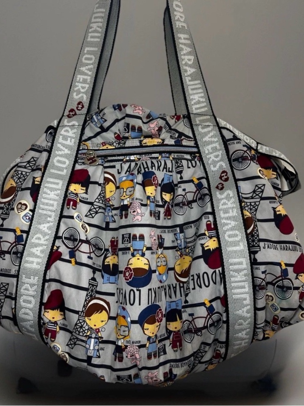 Harajuku Lovers J'adore Amoureux Paris Y2K Gray Character-Print Canvas Tote